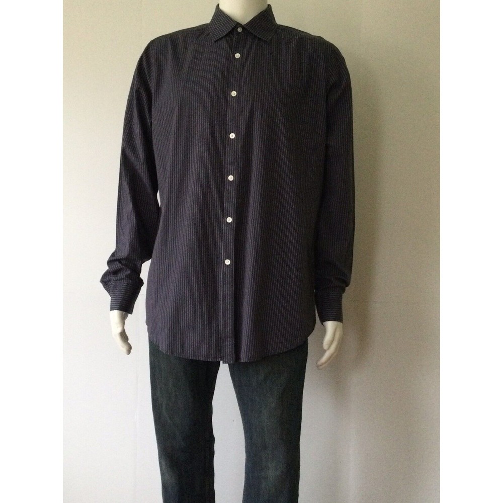 THEORY Men's Button Up Blue/Gray Stripes 100% Cotton Long Sleeve Shirt (Size L)